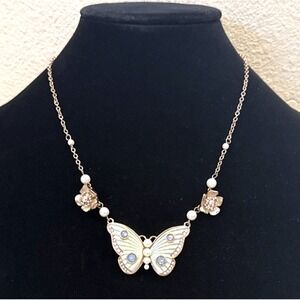 Betsey Johnson Butterfly Statement Necklace Rhinestones Faux Pearl Flowers 18"